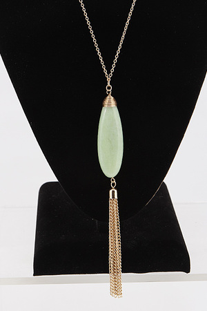 Long Faux Stone Pendant Necklace with Tassel Chain Detail 6BAG9